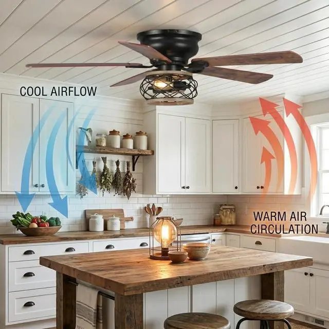 Alt view image 4 of 6 - 48 Inch Farmhouse Ceiling Fan with Light, Industrial Flush Mount Ceiling Fan with Remote Control, Low Profile Ceiling Fan for Bedroom Living Room, Timer, Black Caged Ceiling Fan for Indoor and Outdoor