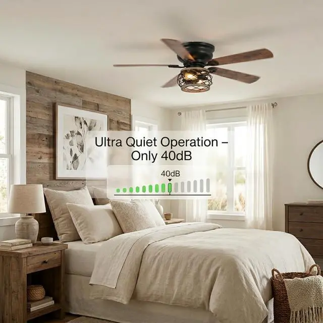 Alt view image 5 of 6 - 48 Inch Farmhouse Ceiling Fan with Light, Industrial Flush Mount Ceiling Fan with Remote Control, Low Profile Ceiling Fan for Bedroom Living Room, Timer, Black Caged Ceiling Fan for Indoor and Outdoor