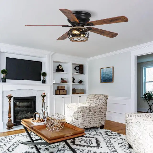 Alt view image 6 of 6 - 48 Inch Farmhouse Ceiling Fan with Light, Industrial Flush Mount Ceiling Fan with Remote Control, Low Profile Ceiling Fan for Bedroom Living Room, Timer, Black Caged Ceiling Fan for Indoor and Outdoor