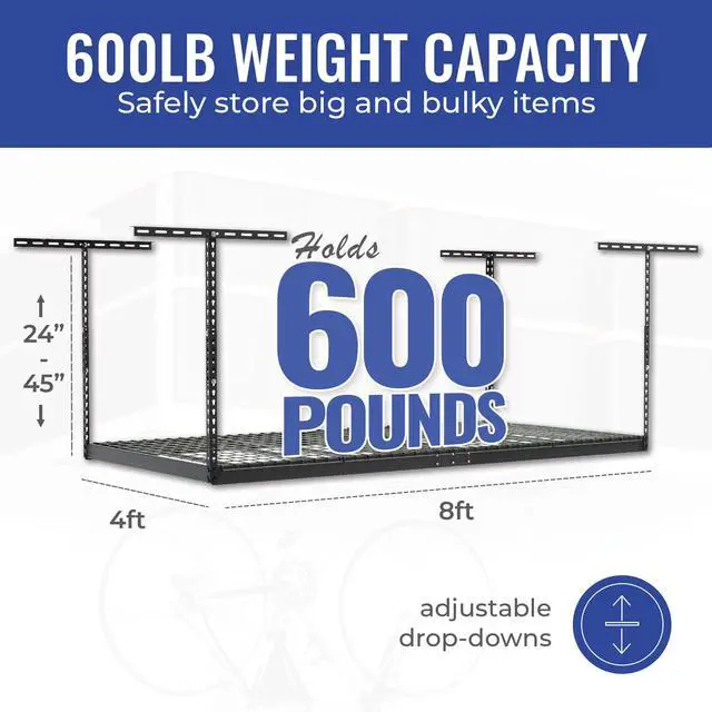 Alt view image 5 of 6 - 4x8 Overhead Garage Storage Rack Heavy Duty - Hammertone (24"-45") - Holds 600 lb