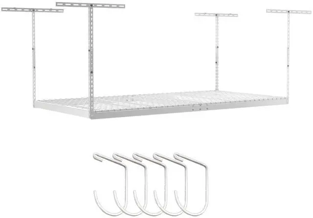 Main image of 4 ft x 8 ft Overhead Storage Rack Adjustable 24 in - 45in Height (White) With Accessory Pack With 5-Piece Hook Accessory Pack