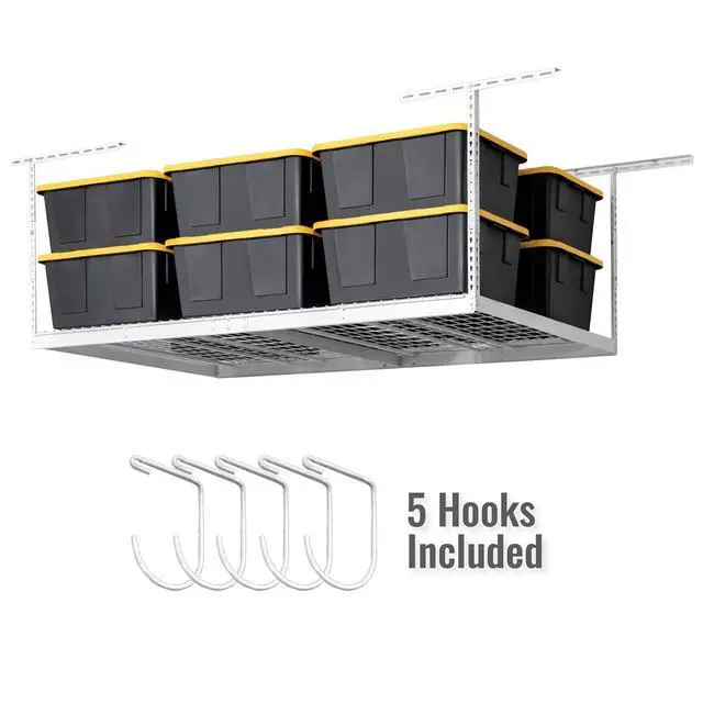 Alt view image 2 of 6 - 4 ft x 8 ft Overhead Storage Rack Adjustable 24 in - 45in Height (White) With Accessory Pack With 5-Piece Hook Accessory Pack
