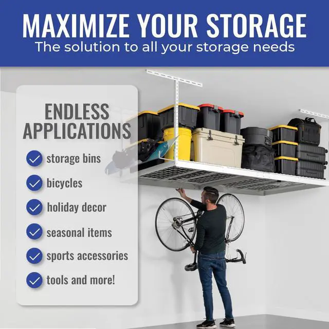 Alt view image 3 of 6 - 4 ft x 8 ft Overhead Storage Rack Adjustable 24 in - 45in Height (White) With Accessory Pack With 5-Piece Hook Accessory Pack