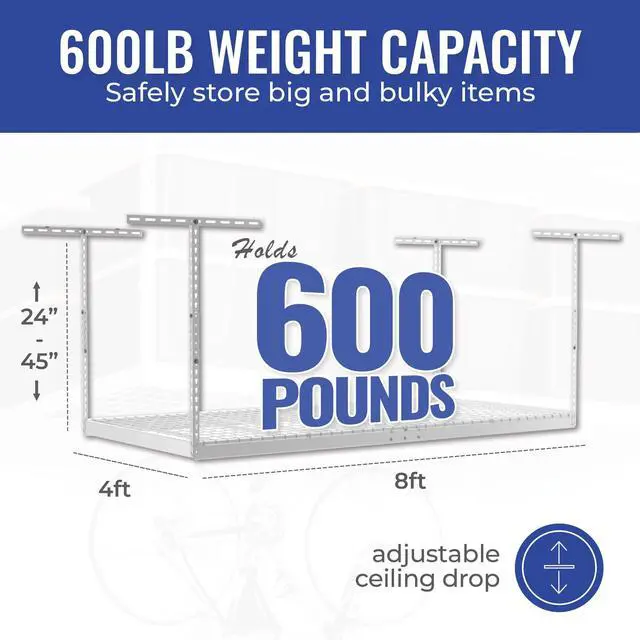 Alt view image 5 of 6 - 4 ft x 8 ft Overhead Storage Rack Adjustable 24 in - 45in Height (White) With Accessory Pack With 5-Piece Hook Accessory Pack