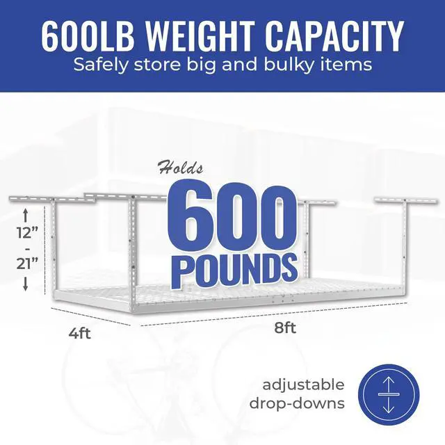 Alt view image 5 of 6 - 4x8 Overhead Garage Storage Rack Heavy Duty - White (12"-24") - Holds 600 lb