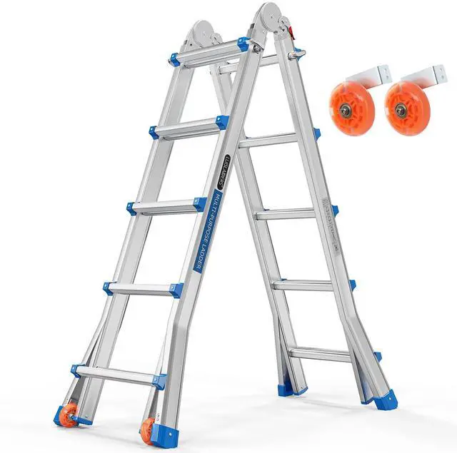 Main image of A Frame Step Ladder Telescoping Ladder, 19 ft Multi Position Folding Ladder with Flared Leg & Wheels Design, 330 lbs Capacity for Household Outdoor Work, Aluminum(19 FT Reach Height)