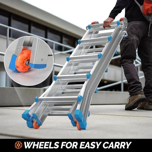 Alt view image 2 of 6 - A Frame Step Ladder Telescoping Ladder, 19 ft Multi Position Folding Ladder with Flared Leg & Wheels Design, 330 lbs Capacity for Household Outdoor Work, Aluminum(19 FT Reach Height)