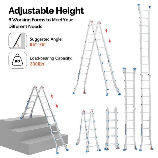 Alt view image 3 of 6 - A Frame Step Ladder Telescoping Ladder, 19 ft Multi Position Folding Ladder with Flared Leg & Wheels Design, 330 lbs Capacity for Household Outdoor Work, Aluminum(19 FT Reach Height)