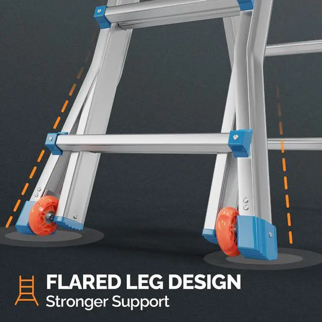Alt view image 5 of 6 - A Frame Step Ladder Telescoping Ladder, 19 ft Multi Position Folding Ladder with Flared Leg & Wheels Design, 330 lbs Capacity for Household Outdoor Work, Aluminum(19 FT Reach Height)