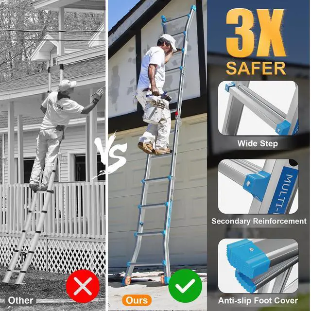Alt view image 6 of 6 - A Frame Step Ladder Telescoping Ladder, 19 ft Multi Position Folding Ladder with Flared Leg & Wheels Design, 330 lbs Capacity for Household Outdoor Work, Aluminum(19 FT Reach Height)