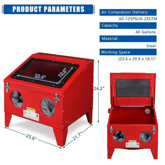 Alt view image 2 of 6 - 40 Gallon Bench Top Air Sandblasting Cabinet | Heavy Duty Steel, Includes Gun and 4 Nozzles, 60-125PSI/6-25CFM, For Rust Removal, Stain, Paint