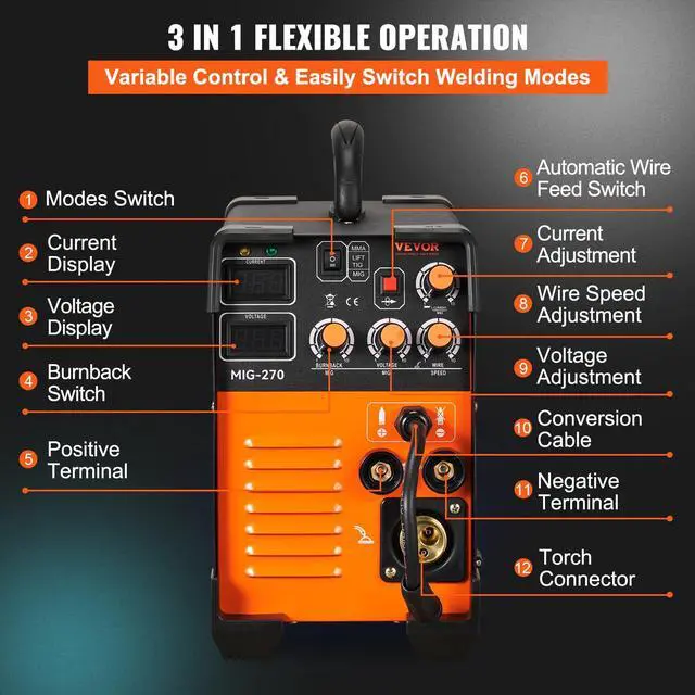 Alt view image 5 of 6 - MIG Welder, 3 in 1 270 Amp Welding Machine, 110 220V MIG Lift TIG Arc Welder, Portable Lift TIG Welder ARC Welder with IGBT DC Inverter, LCD Digital Display, Welder Torch and Welding Wire