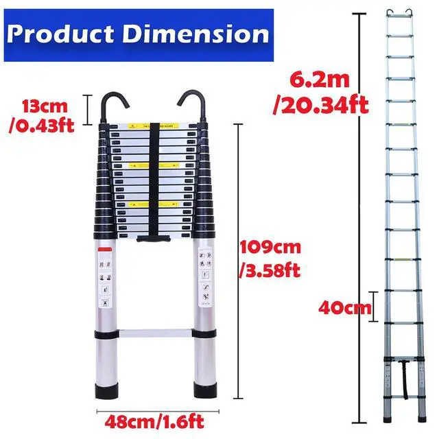 Alt view image 2 of 6 - Telescoping Ladder Aluminum 20.3FT 6.2m Extension Ladder with Detachable Hooks, EN131 Standard 330lbs Load Capacity, Adjustable Height Portable Home Step Ladder Weights 36lbs