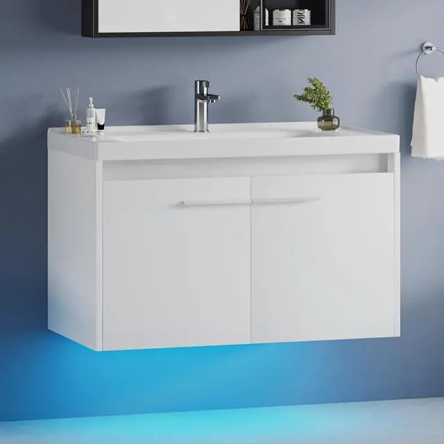 Main image of 31" Floating Bathroom Vanity with Sink, Modern White Bathroom Vanity with LED Light, Wall Mounted Sink Cabinet with 2 Doors, White