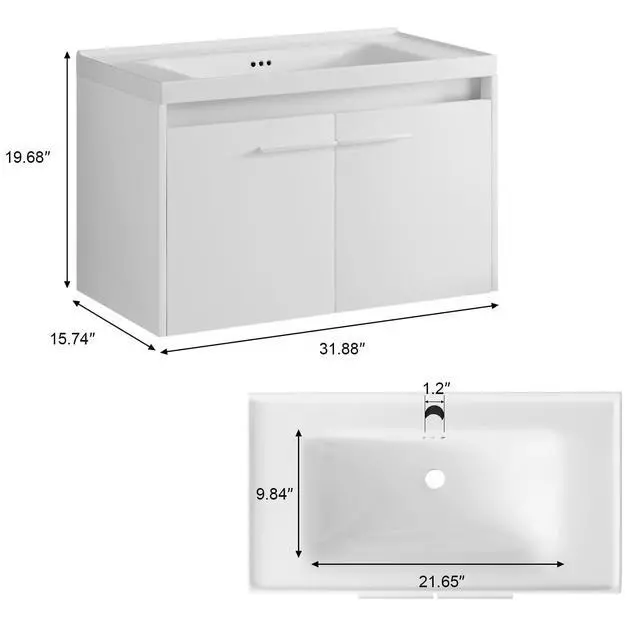 Alt view image 2 of 6 - 31" Floating Bathroom Vanity with Sink, Modern White Bathroom Vanity with LED Light, Wall Mounted Sink Cabinet with 2 Doors, White