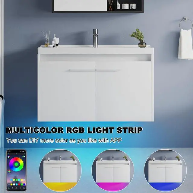 Alt view image 3 of 6 - 31" Floating Bathroom Vanity with Sink, Modern White Bathroom Vanity with LED Light, Wall Mounted Sink Cabinet with 2 Doors, White