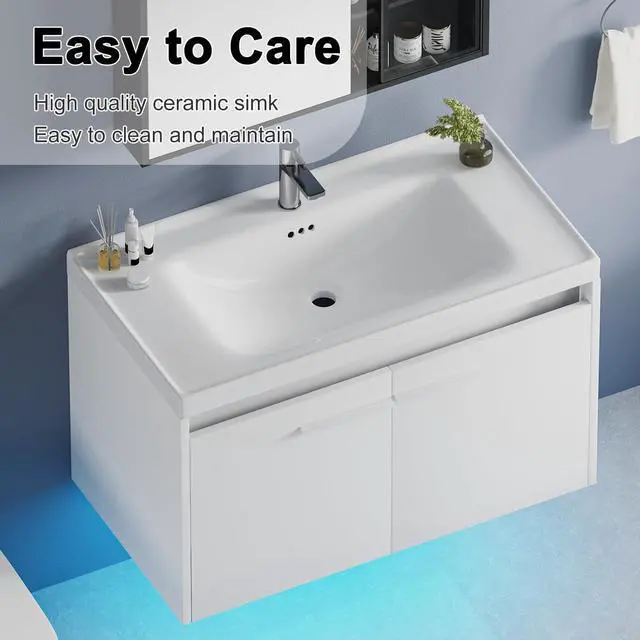 Alt view image 4 of 6 - 31" Floating Bathroom Vanity with Sink, Modern White Bathroom Vanity with LED Light, Wall Mounted Sink Cabinet with 2 Doors, White