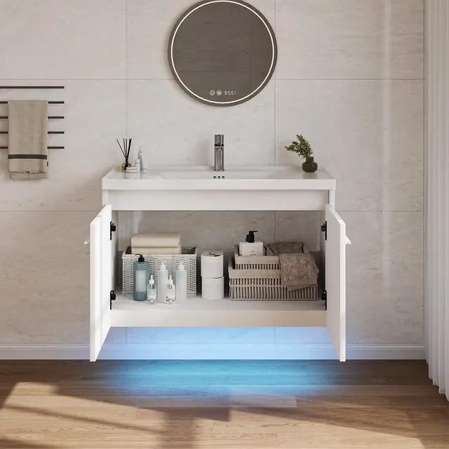 Alt view image 5 of 6 - 31" Floating Bathroom Vanity with Sink, Modern White Bathroom Vanity with LED Light, Wall Mounted Sink Cabinet with 2 Doors, White