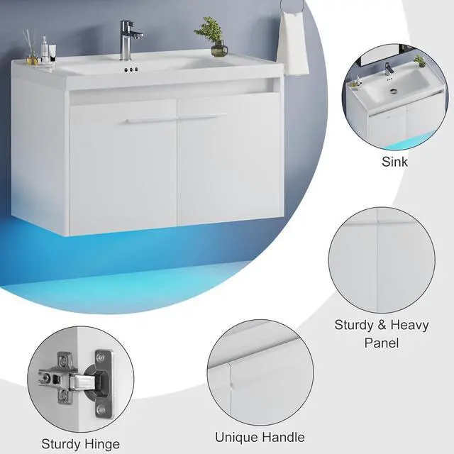 Alt view image 6 of 6 - 31" Floating Bathroom Vanity with Sink, Modern White Bathroom Vanity with LED Light, Wall Mounted Sink Cabinet with 2 Doors, White