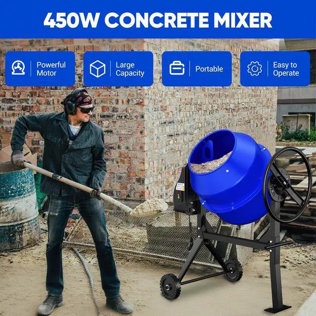 Alt view image 2 of 6 - 4.3 Cu.Ft. Concrete Mixer Machine, 450W 3/5HP Electric Cement Mixer Machine with Wheel and Stand for Stucco, Blue