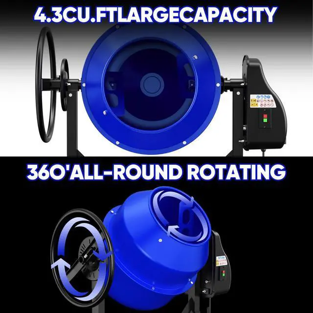 Alt view image 3 of 6 - 4.3 Cu.Ft. Concrete Mixer Machine, 450W 3/5HP Electric Cement Mixer Machine with Wheel and Stand for Stucco, Blue