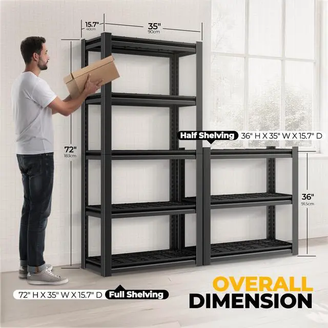 Alt view image 2 of 6 - 5-Tier Storage Shelves Set of 2, 72" H (3000LBS Capacity) Adjustable Garage Shelving, Metal Storage Utility Rack Shelf Unit for Pantry Kitchen Warehouse, 72" H x 35" W x 16" D, Black