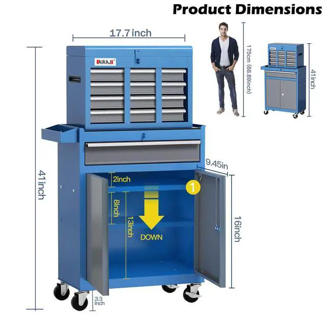 Alt view image 2 of 6 - Tool Chest 7-Drawer | 40'' H Rolling Tool Chest with Wheels | Detachable Top Metal Tool Box | Garage Storage Cabinet for Warehouse,Repair Room | Rolling Tool Box with Wheels,Hooks,Liners | Blue