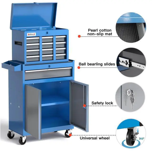 Alt view image 3 of 6 - Tool Chest 7-Drawer | 40'' H Rolling Tool Chest with Wheels | Detachable Top Metal Tool Box | Garage Storage Cabinet for Warehouse,Repair Room | Rolling Tool Box with Wheels,Hooks,Liners | Blue