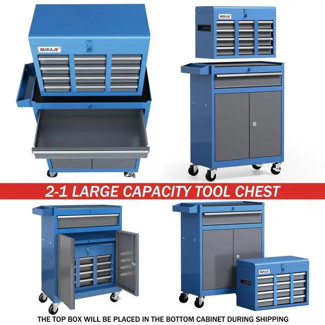 Alt view image 5 of 6 - Tool Chest 7-Drawer | 40'' H Rolling Tool Chest with Wheels | Detachable Top Metal Tool Box | Garage Storage Cabinet for Warehouse,Repair Room | Rolling Tool Box with Wheels,Hooks,Liners | Blue
