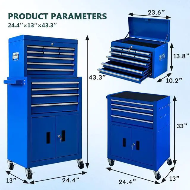 Alt view image 3 of 6 - 13-Drawer Rolling Tool Chest with Double Doors, 2 in 1 Detachable Rolling Tool Chests, Metal Standing Tool Cabinet with Lock, Large Toolbox for Garage Workshop, Gift for Christmas