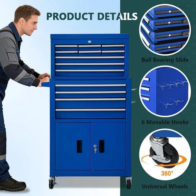 Alt view image 4 of 6 - 13-Drawer Rolling Tool Chest with Double Doors, 2 in 1 Detachable Rolling Tool Chests, Metal Standing Tool Cabinet with Lock, Large Toolbox for Garage Workshop, Gift for Christmas