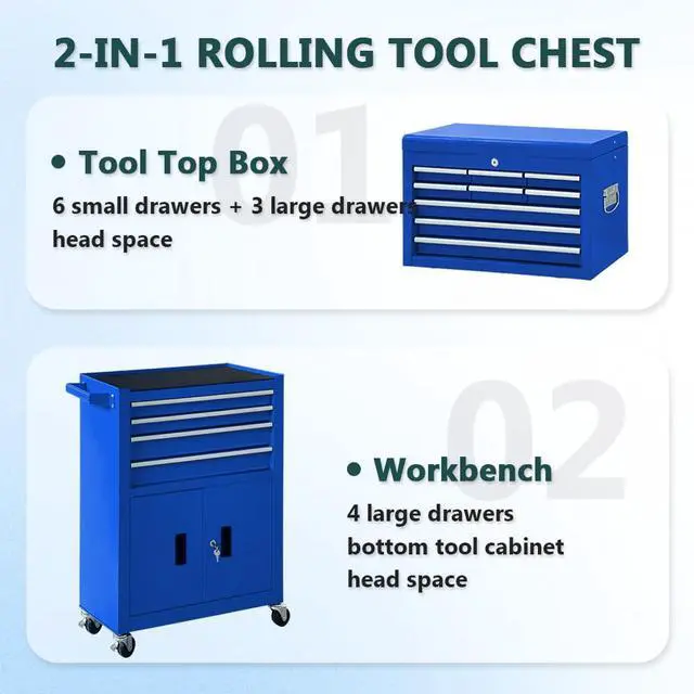 Alt view image 6 of 6 - 13-Drawer Rolling Tool Chest with Double Doors, 2 in 1 Detachable Rolling Tool Chests, Metal Standing Tool Cabinet with Lock, Large Toolbox for Garage Workshop, Gift for Christmas