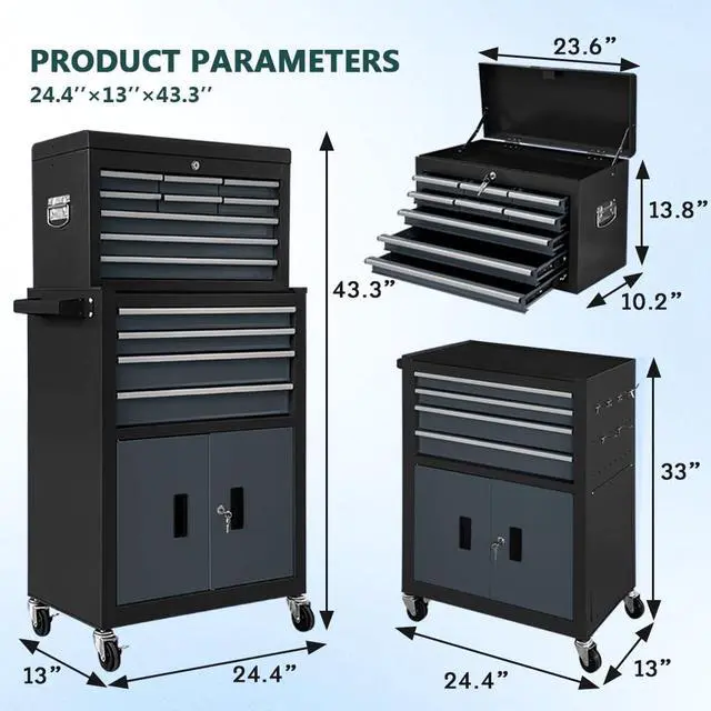 Alt view image 3 of 6 - 13-Drawer Rolling Tool Chest with Double Doors, 2 in 1 Detachable Rolling Tool Chests, Metal Standing Tool Cabinet with Lock, Large Toolbox for Garage Workshop, Gift for Christmas