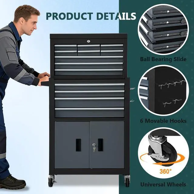 Alt view image 4 of 6 - 13-Drawer Rolling Tool Chest with Double Doors, 2 in 1 Detachable Rolling Tool Chests, Metal Standing Tool Cabinet with Lock, Large Toolbox for Garage Workshop, Gift for Christmas