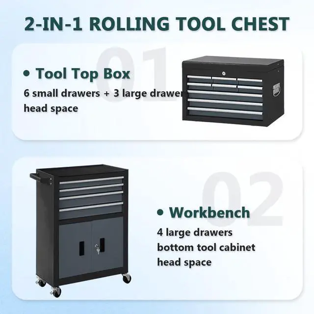 Alt view image 6 of 6 - 13-Drawer Rolling Tool Chest with Double Doors, 2 in 1 Detachable Rolling Tool Chests, Metal Standing Tool Cabinet with Lock, Large Toolbox for Garage Workshop, Gift for Christmas
