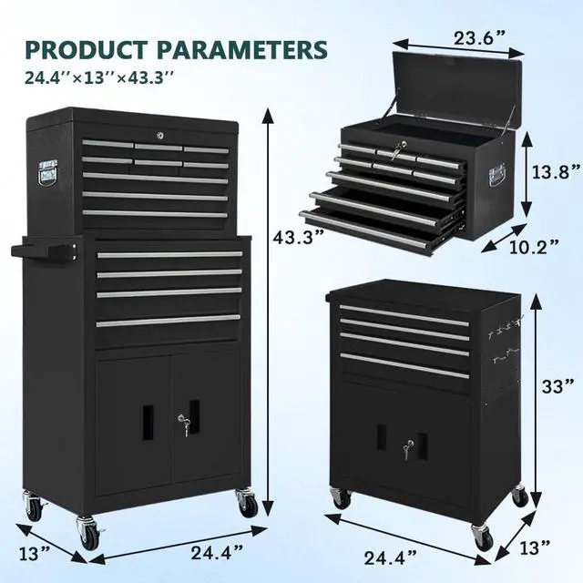 Alt view image 3 of 6 - 13-Drawer Rolling Tool Chest with Double Doors, 2 in 1 Detachable Rolling Tool Chests, Metal Standing Tool Cabinet with Lock, Large Toolbox for Garage Workshop, Gift for Christmas