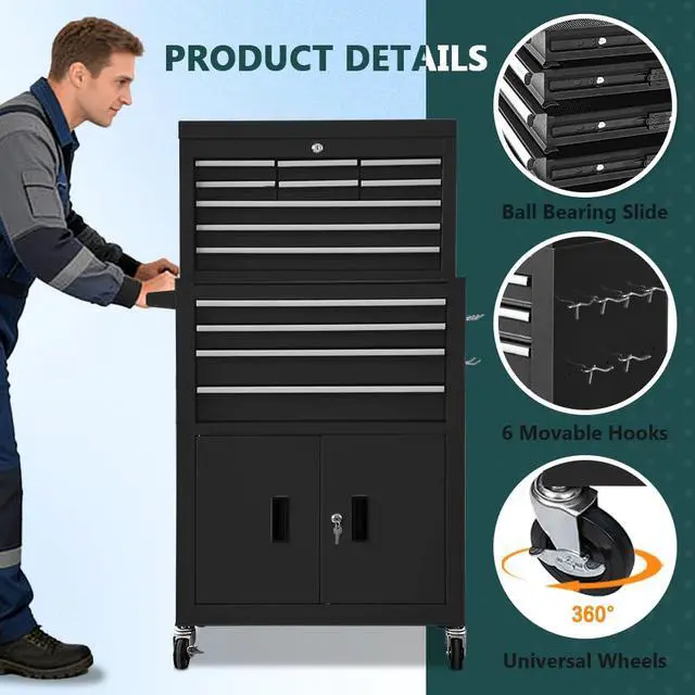 Alt view image 4 of 6 - 13-Drawer Rolling Tool Chest with Double Doors, 2 in 1 Detachable Rolling Tool Chests, Metal Standing Tool Cabinet with Lock, Large Toolbox for Garage Workshop, Gift for Christmas