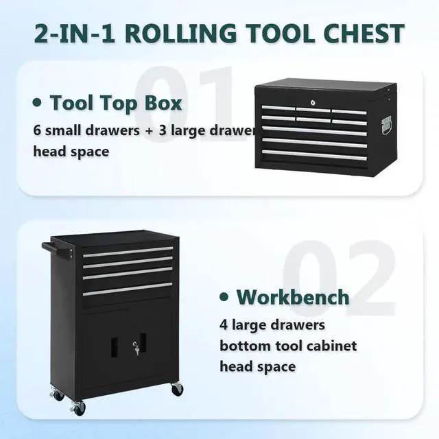 Alt view image 6 of 6 - 13-Drawer Rolling Tool Chest with Double Doors, 2 in 1 Detachable Rolling Tool Chests, Metal Standing Tool Cabinet with Lock, Large Toolbox for Garage Workshop, Gift for Christmas