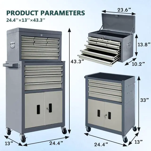 Alt view image 3 of 6 - 13-Drawer Rolling Tool Chest with Double Doors, 2 in 1 Detachable Rolling Tool Chests, Metal Standing Tool Cabinet with Lock, Large Toolbox for Garage Workshop, Gift for Christmas