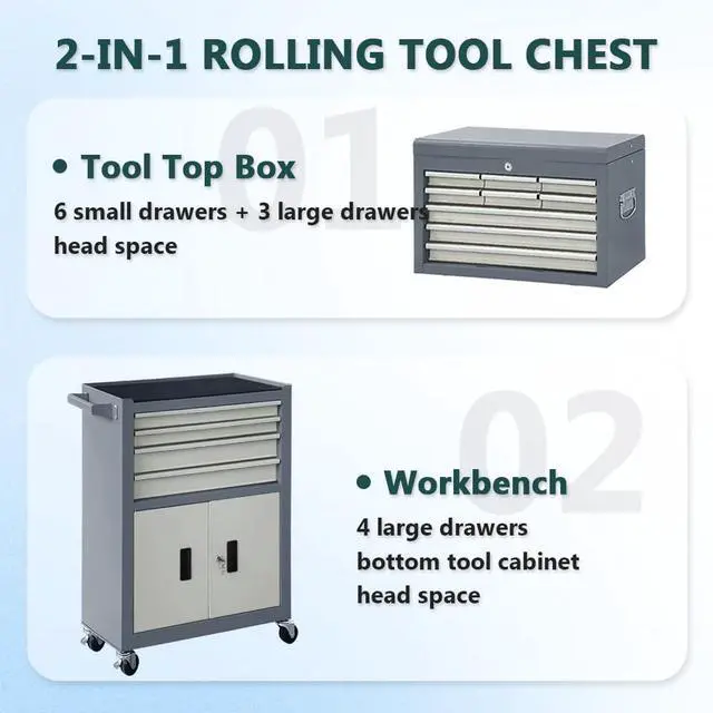 Alt view image 6 of 6 - 13-Drawer Rolling Tool Chest with Double Doors, 2 in 1 Detachable Rolling Tool Chests, Metal Standing Tool Cabinet with Lock, Large Toolbox for Garage Workshop, Gift for Christmas