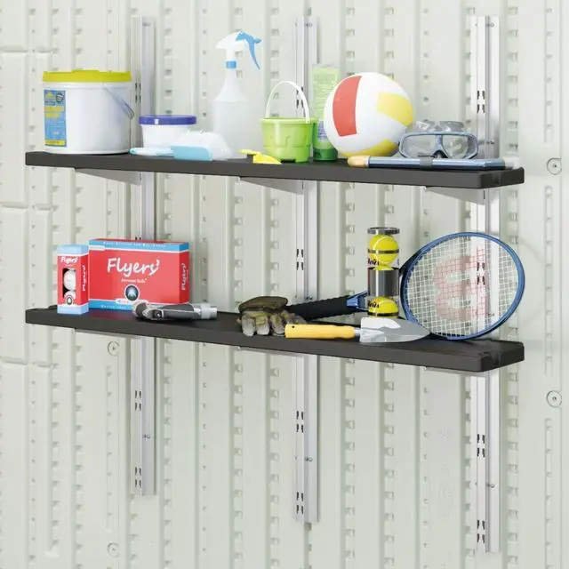 Alt view image 2 of 6 - Vertical Shed 4 Shelf Kit, Space Saving Shelving for Wall Mount Outdoor Storage Structures, 50" W x 11.25" D x 46.75" H, Black