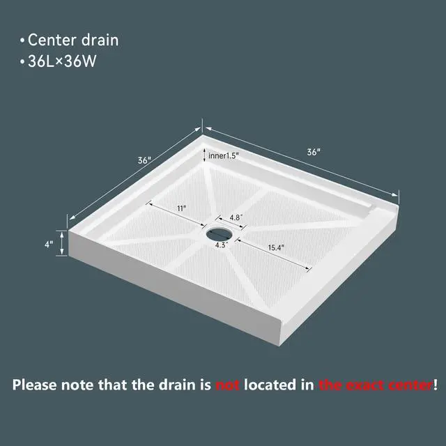 Alt view image 2 of 6 - 36"L×36"W×4"H SMC Shower Pan For Bathroom, Single Threshold Shower Bases with Non-Slip Textured Surface and Stainless Steel Shower Drain Cover, White