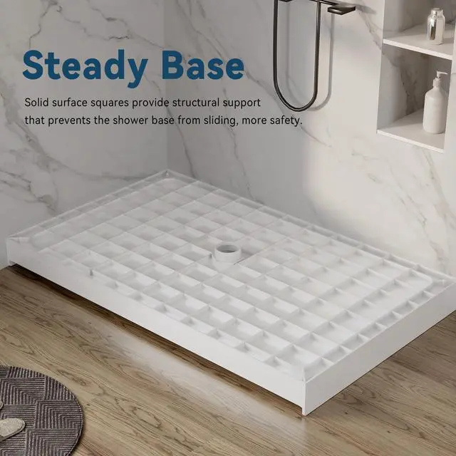 Alt view image 3 of 6 - 36"L×36"W×4"H SMC Shower Pan For Bathroom, Single Threshold Shower Bases with Non-Slip Textured Surface and Stainless Steel Shower Drain Cover, White