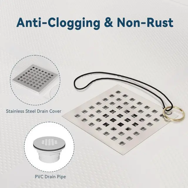 Alt view image 4 of 6 - 36"L×36"W×4"H SMC Shower Pan For Bathroom, Single Threshold Shower Bases with Non-Slip Textured Surface and Stainless Steel Shower Drain Cover, White