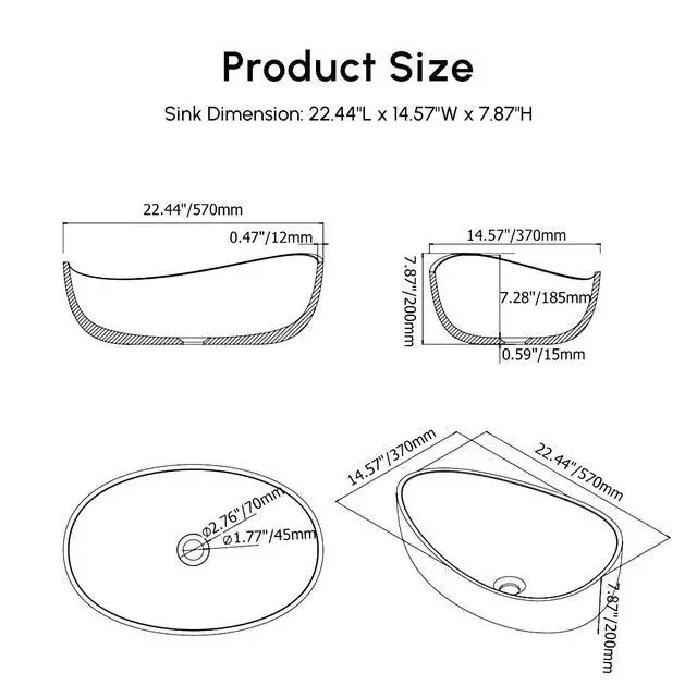 Alt view image 2 of 6 - 22.44'' Oval Vessel Sink, Matte White Stone Resin Bathroom Sink with Pop-Up Drain, Modern Above Counter Basin for Vanity Countertop, No Faucet Hole, No Overflow