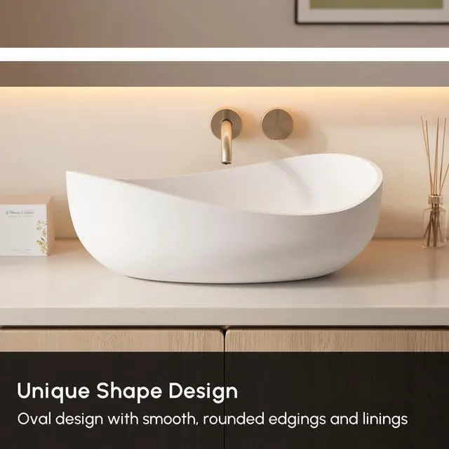 Alt view image 4 of 6 - 22.44'' Oval Vessel Sink, Matte White Stone Resin Bathroom Sink with Pop-Up Drain, Modern Above Counter Basin for Vanity Countertop, No Faucet Hole, No Overflow