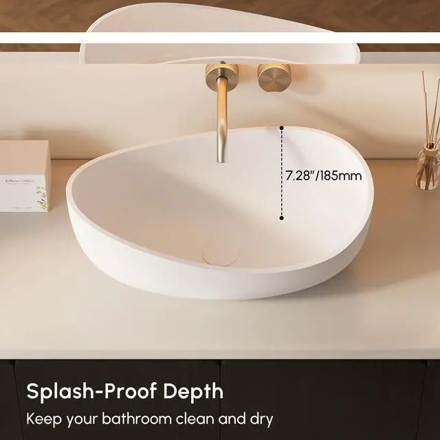 Alt view image 5 of 6 - 22.44'' Oval Vessel Sink, Matte White Stone Resin Bathroom Sink with Pop-Up Drain, Modern Above Counter Basin for Vanity Countertop, No Faucet Hole, No Overflow