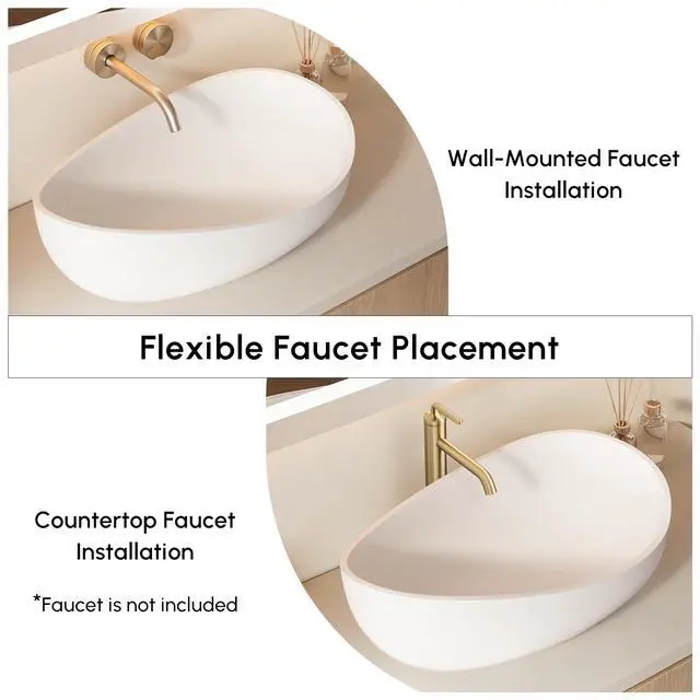 Alt view image 6 of 6 - 22.44'' Oval Vessel Sink, Matte White Stone Resin Bathroom Sink with Pop-Up Drain, Modern Above Counter Basin for Vanity Countertop, No Faucet Hole, No Overflow