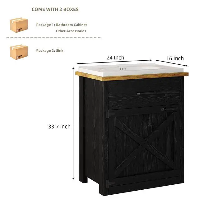 Alt view image 2 of 6 - 24 Inch Bathroom Vanity with Sink, Farmhouse Bathroom Vanity Cabinet with Drawer & Barn Door, Towel Bar, Black