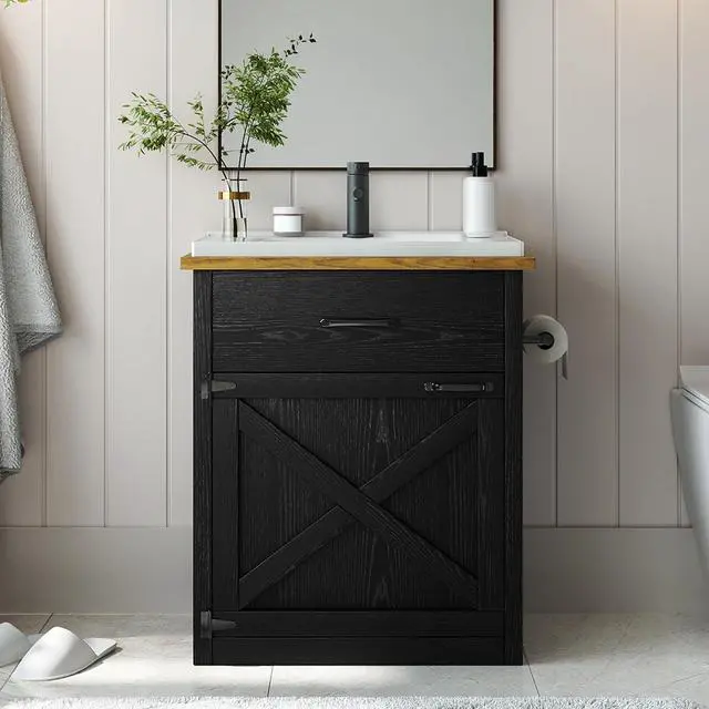 Alt view image 3 of 6 - 24 Inch Bathroom Vanity with Sink, Farmhouse Bathroom Vanity Cabinet with Drawer & Barn Door, Towel Bar, Black